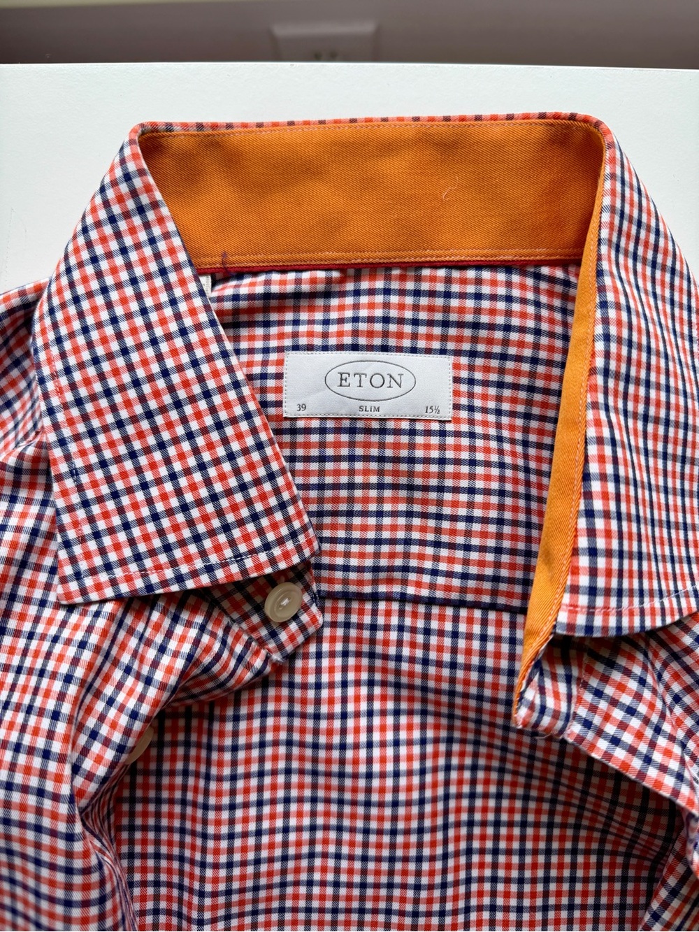 Eton Slim Fit Orange & Blue Check Dress Shirt size 15 1/2